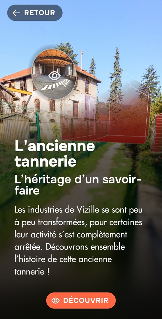 Capture d'écran de l'application archistoire sur laquelle on voit image et texte concernant l'ancienne tannerie de Vizille.