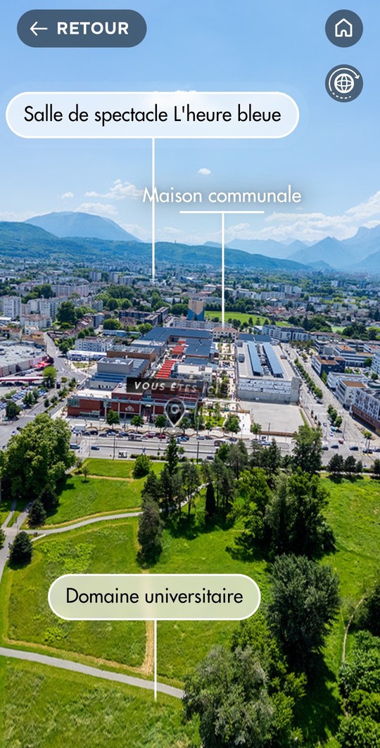 Capture d'écran d'une vue depuis le ciel au-dessus de la maison communale et du domaine universitaire de Saint-Martin-d'Hères