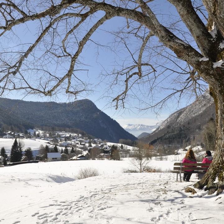 Jeunes femmes banc admirent paysage enneigé Sappey-en-Chartreuse