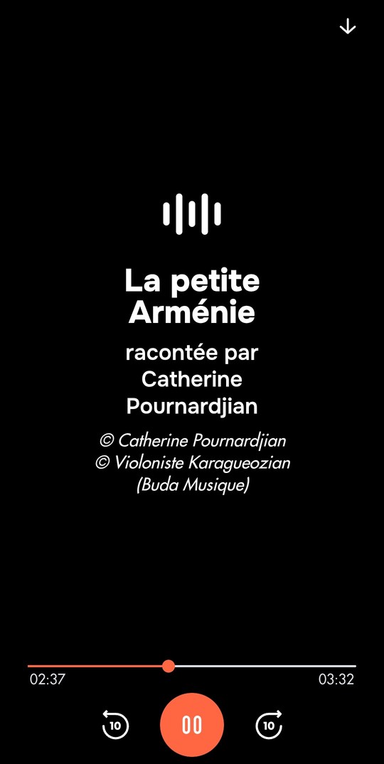 Capture d'écran de l'application archistoire sur laquelle on voit un audio à écouter en se rendant à l'étape suivante parlant de la petite Arménie.